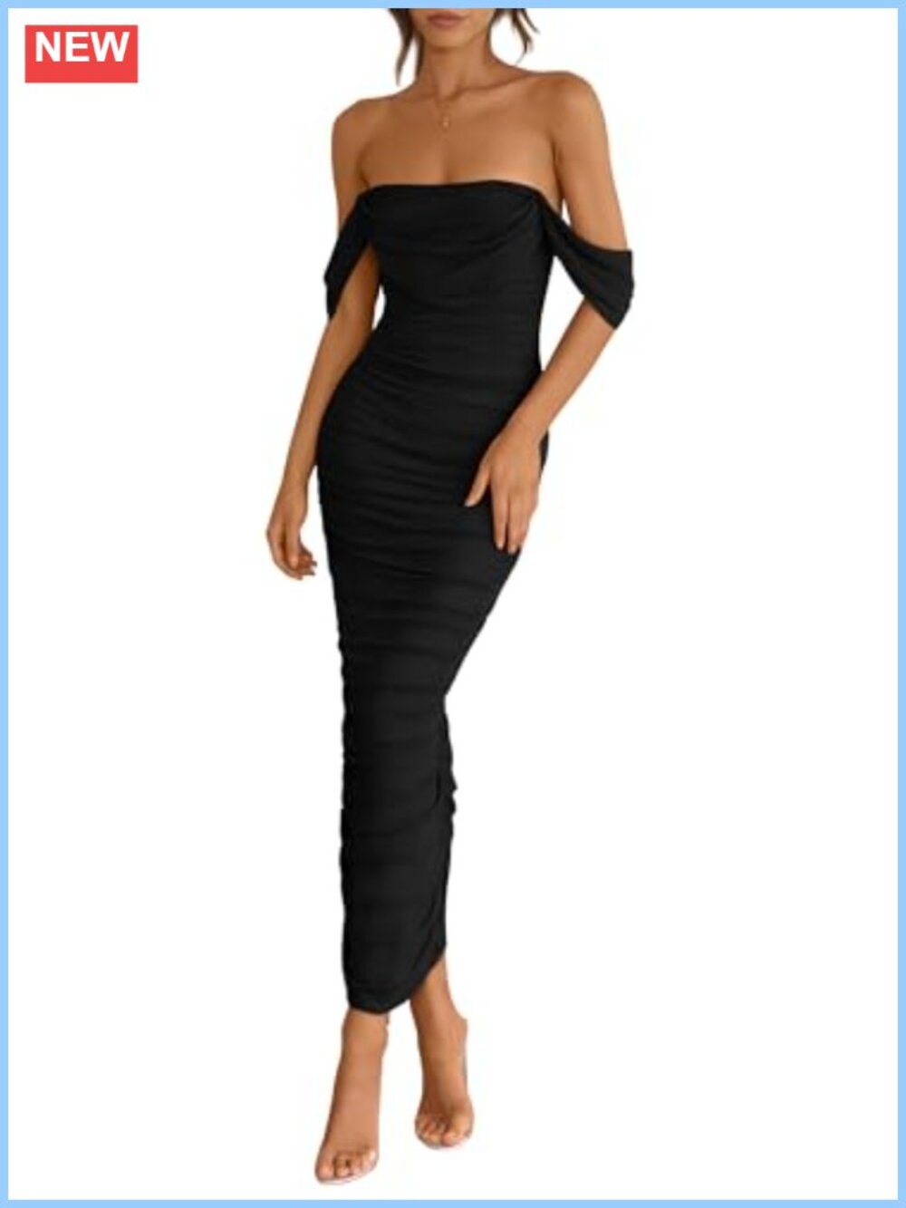 Off Shoulder Mesh Maxi Dress Strapless Ruched Bodycon Wedding Guest